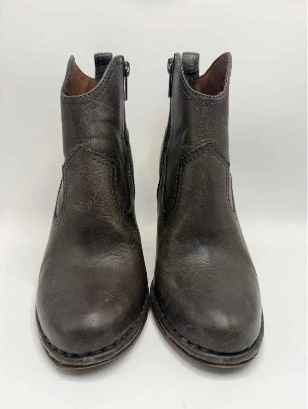 Frye Short Madeline Brown Ankle Zip Boots Leather Size 6M Stacked Heel